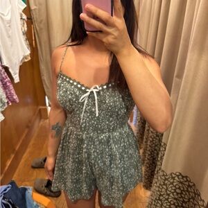 Green Floral Spaghetti Strap romper